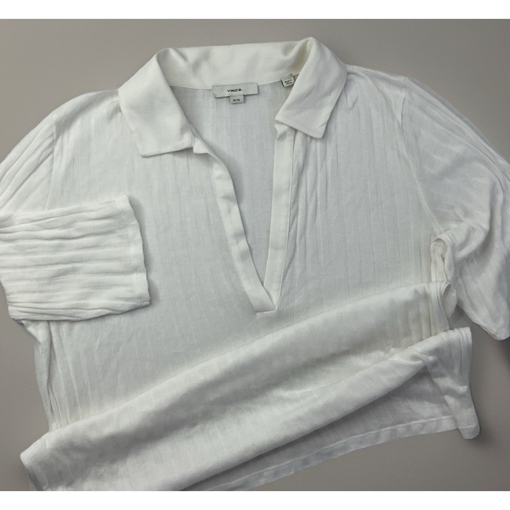 Vince Sheer‎ Ribbed Knit Half Sleeve Polo Shirt Womens XL White Cotton Blend Top